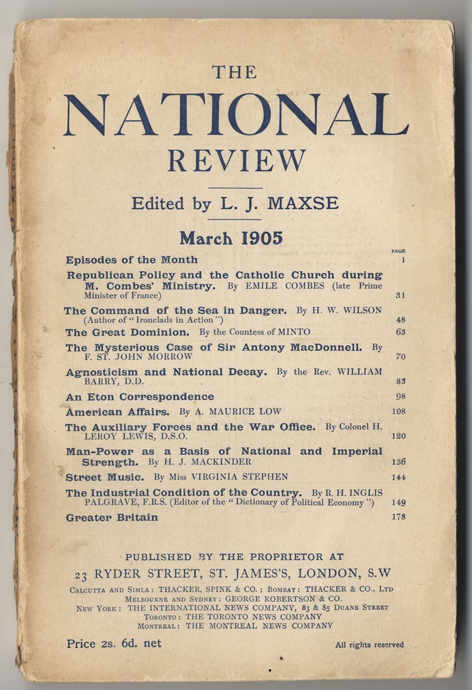 Item #348 "Street Music," contained in THE NATIONAL REVIEW. №. 205 March 1905. Miss Virginia: MAXSE STEPHEN, L. J., WOOLF, ed.