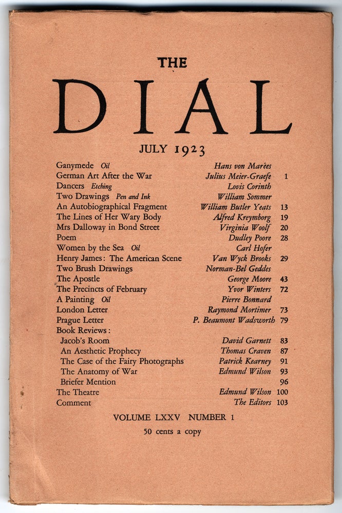 Item #424 "Mrs Dalloway in Bond Street," contained within THE DIAL. Volume LXXV Number 1. Virginia: SCOFIELD WOOLF, Thayer, ed.